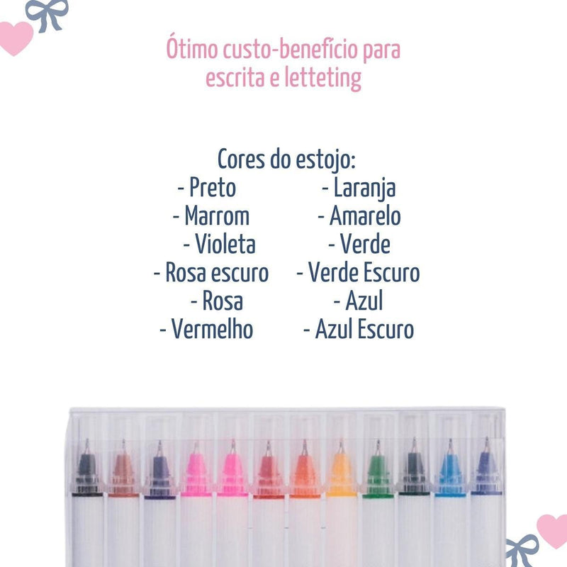 Caneta Dual Brush 12 Cores Básicas Brush + Fineliner Lyke