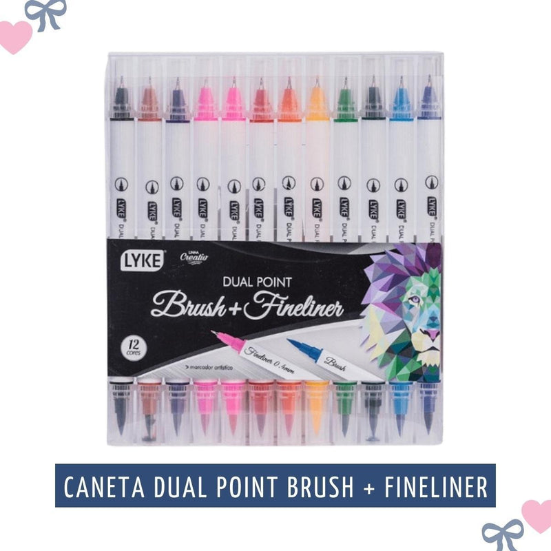 Caneta Dual Brush 12 Cores Básicas Brush + Fineliner Lyke