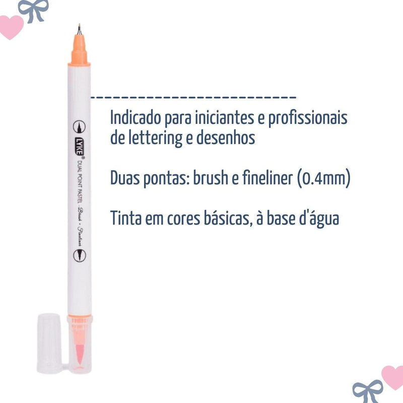 Caneta Dual Brush 12 Cores Básicas Brush + Fineliner Lyke